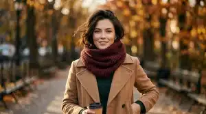 Femme souriante en manteau beige et écharpe bordeaux automne