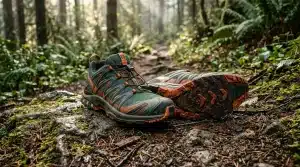 Chaussures de trail gris et orange sur sentier forestier mouillé