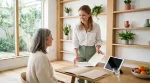 Femme présentant des documents à une cliente assise