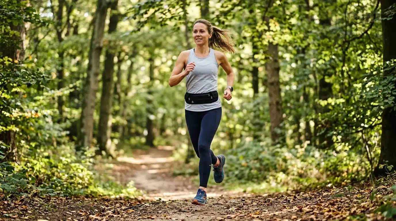 Femme qui court sur un sentier forestier entre les arbres