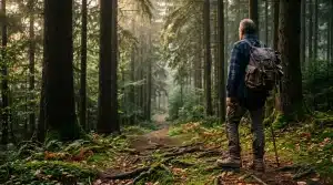 Randonneur seul sur sentier forestier ombragé avec backpack
