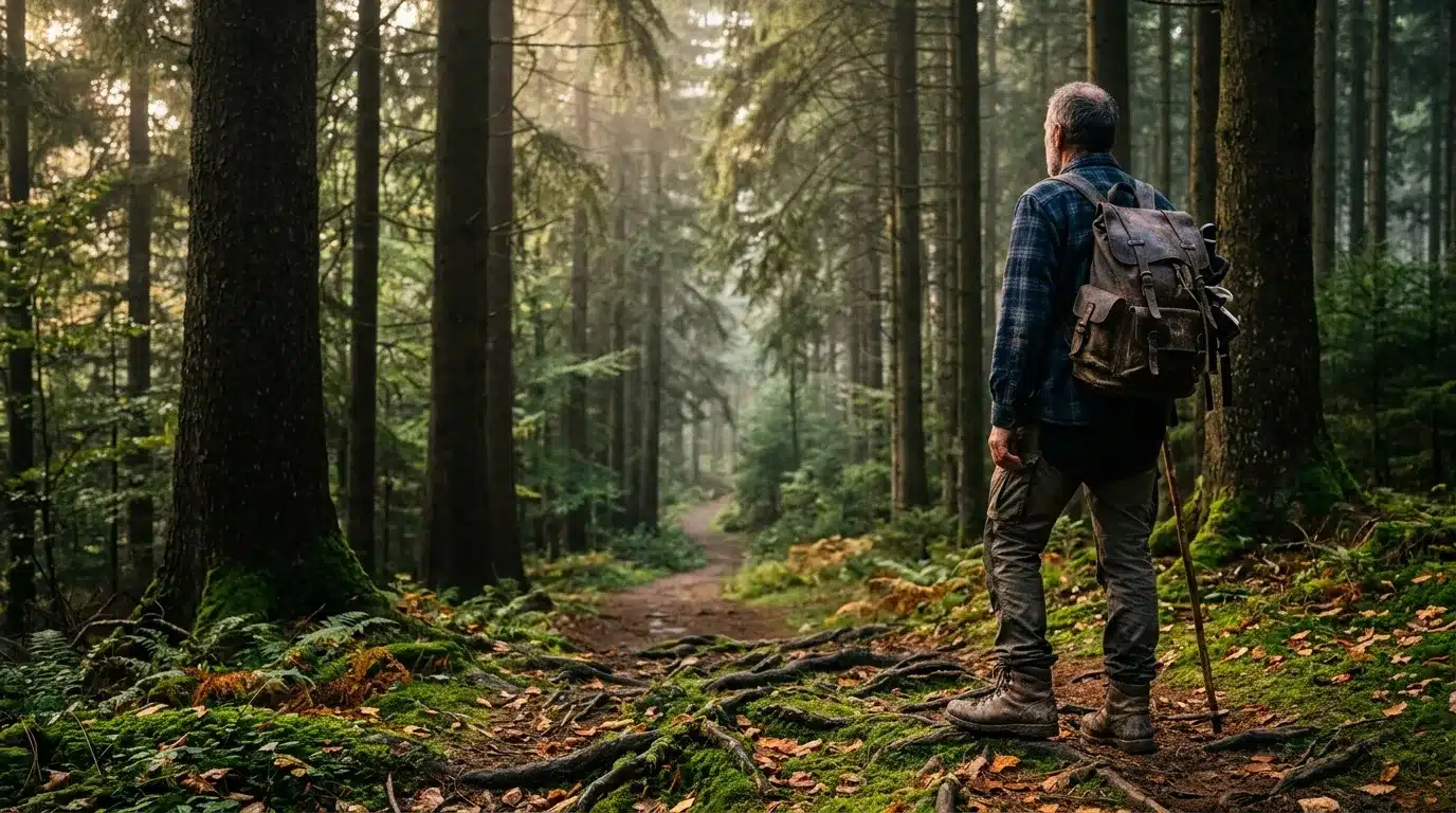 Randonneur seul sur sentier forestier ombragé avec backpack