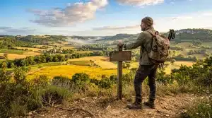 Homme avec sac à dos observant paysage vallonné agricole
