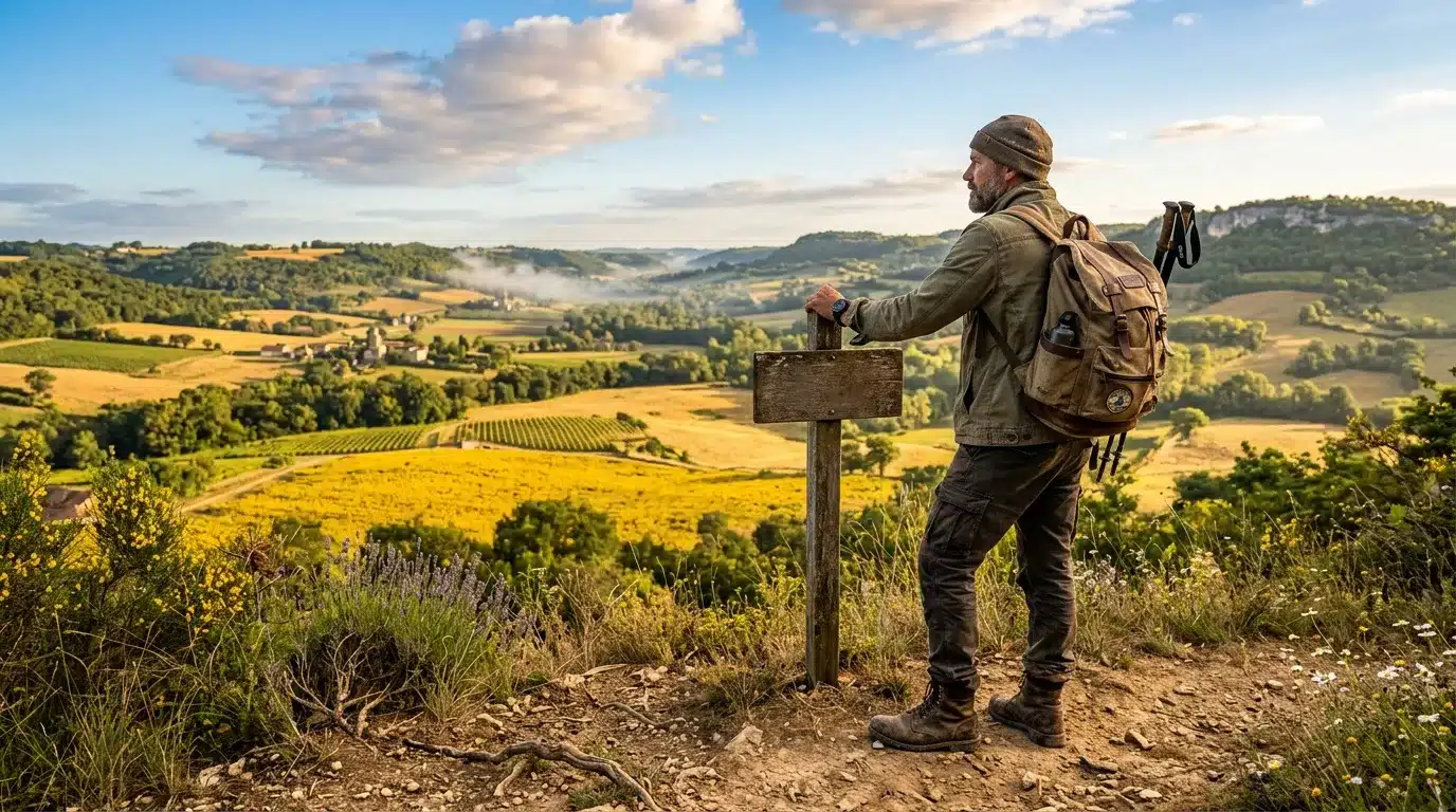Homme avec sac à dos observant paysage vallonné agricole