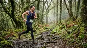 Coureur en trail running dans une forêt verdoyante et humide