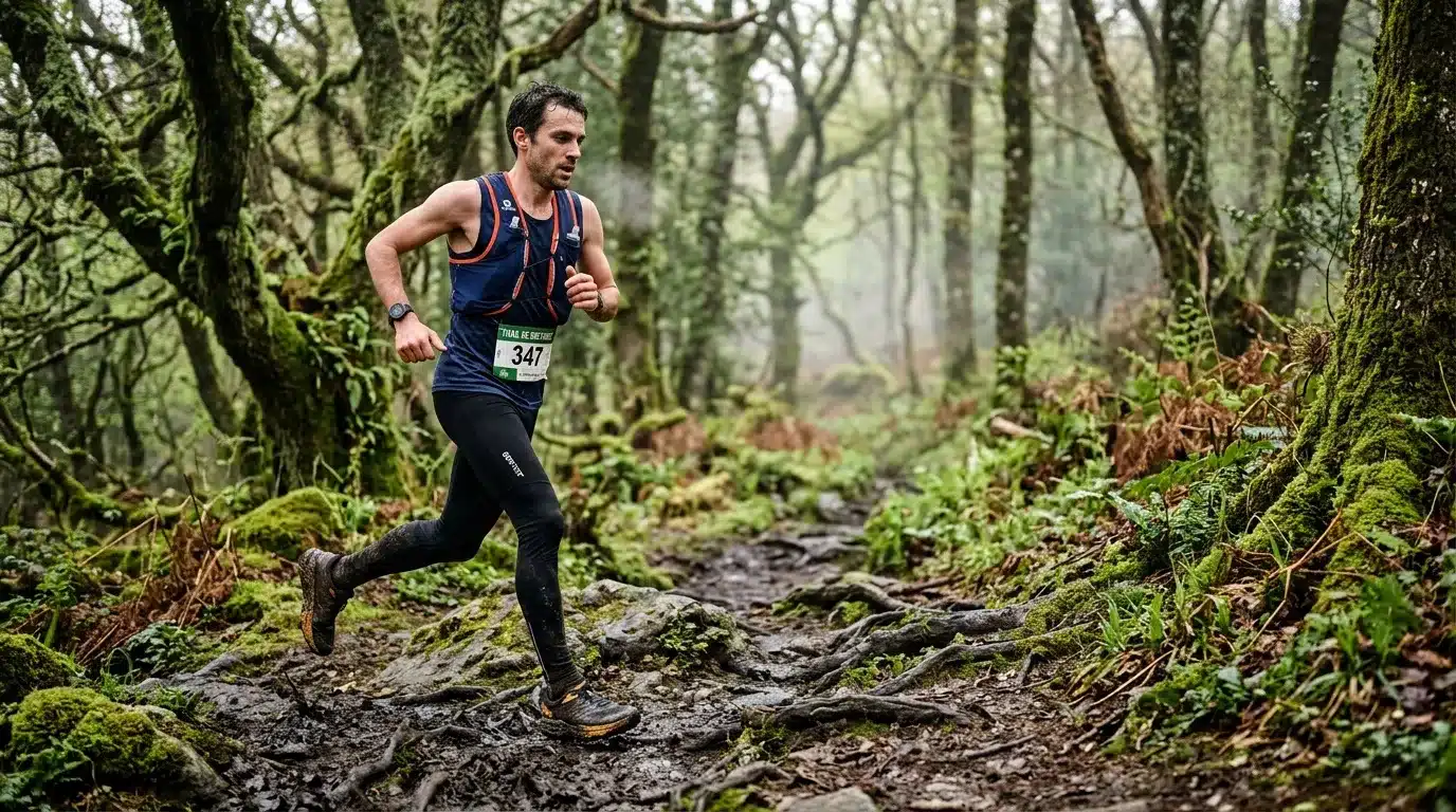 Coureur en trail running dans une forêt verdoyante et humide