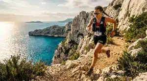 Femme trail running sur falaises surplombant mer turquoise