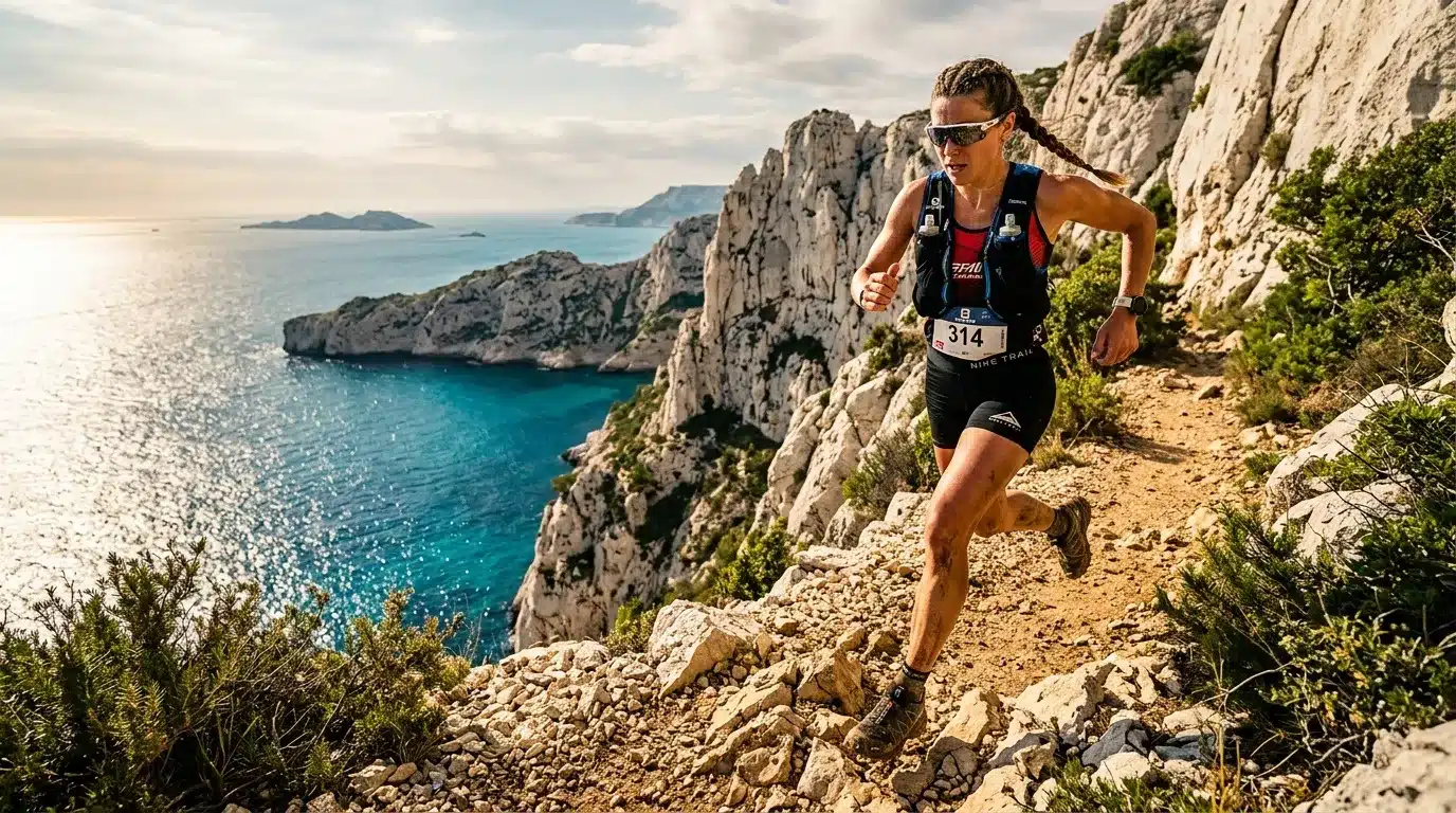 Femme trail running sur falaises surplombant mer turquoise